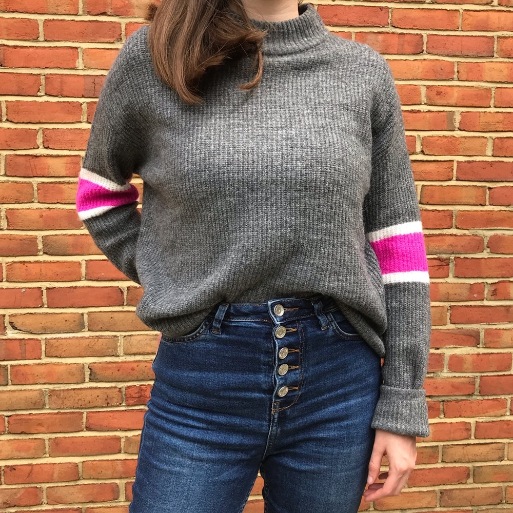 Gray and Pink Revolve John + Jenn Varsity Stripe Mock Neck Sweater